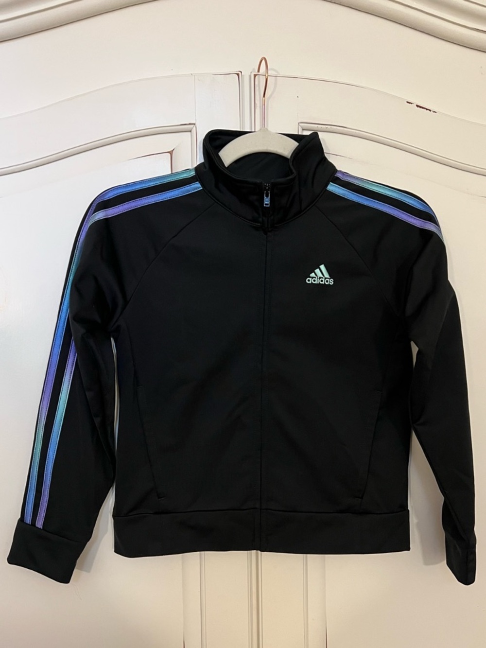adidas Black Track Jacket with Mint- Blue-Purple Stripes - Size 7/8